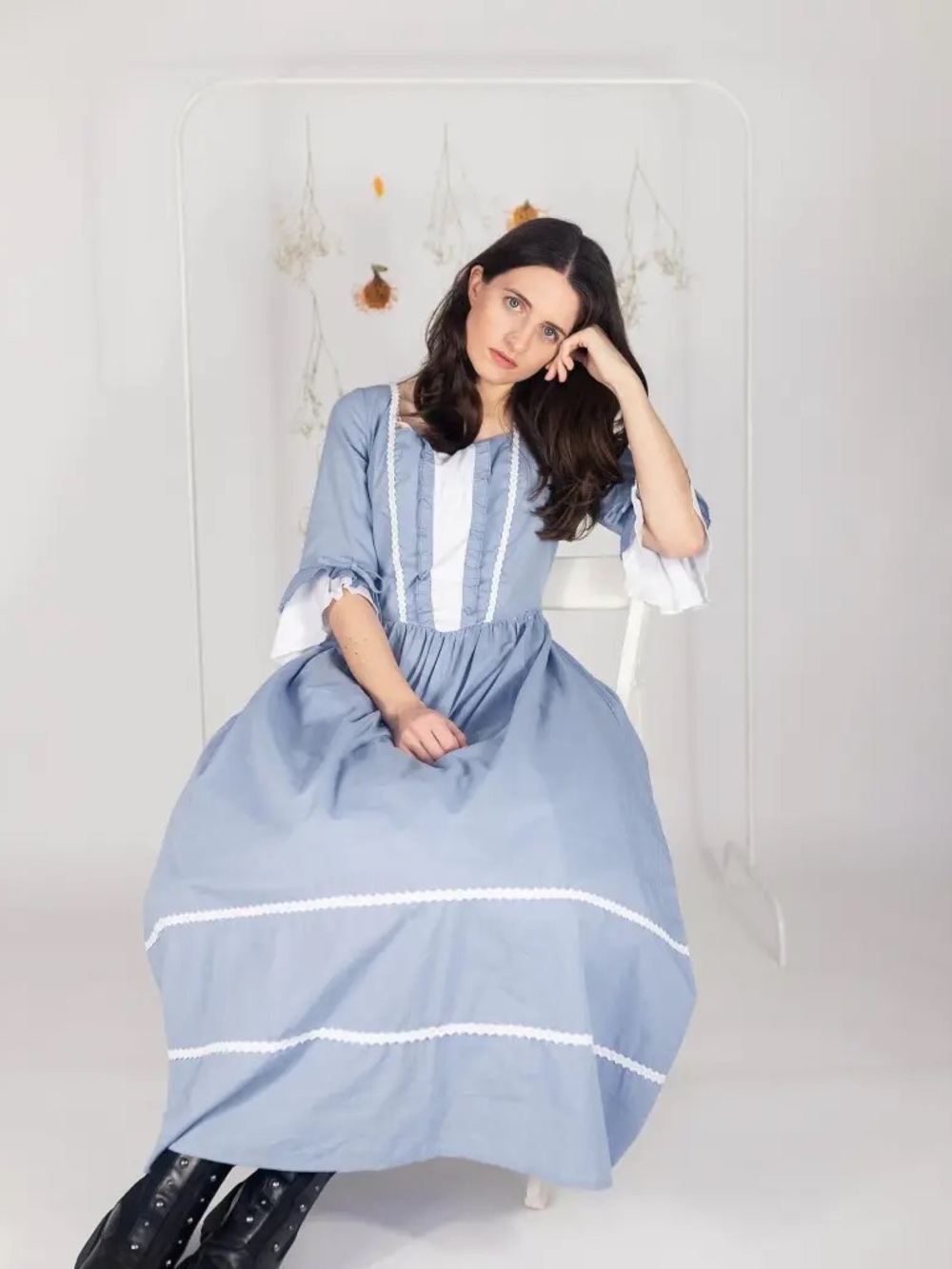 Scarlet Darkness Gothic Colonial Dress Pioneer Prairie Blue Cotton Women L